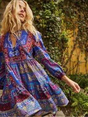 Hunter Bell Boho Tiered Mini Dress in Multi Blue